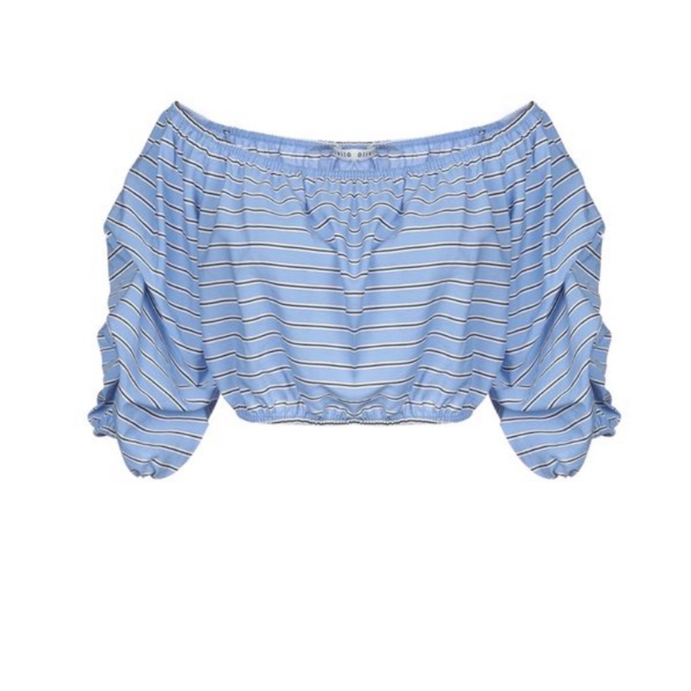 ALICE + OLIVIA | Magnolia Off the Shoulder Stripe Cropped Blouse in Oxford Blue